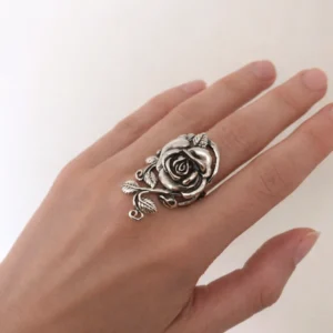Grote zilveren roos ring met blad - 925 zilver