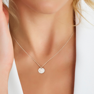 Gerhodineerde zilveren ketting met gehamerd rondje 12 mm - gedragen aan hals