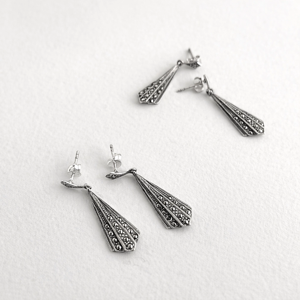 Art deco markasiet oorbellen - 925 zilver - 2 paar