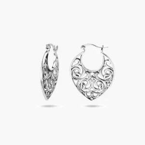 Platte opengewerkte Bali design oorringen met hefboomsluiting - gerhodineerd 925 zilver